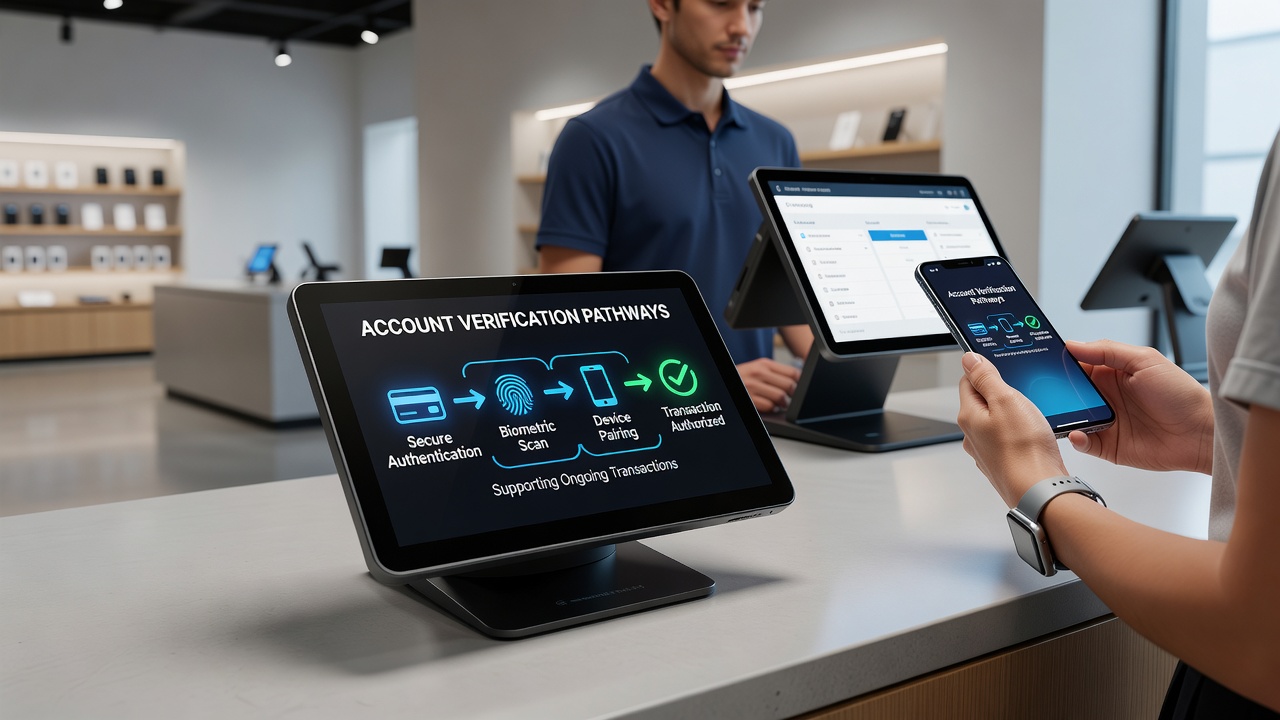 Wireless point-of-sale terminal displaying account verification interface during a retail transaction