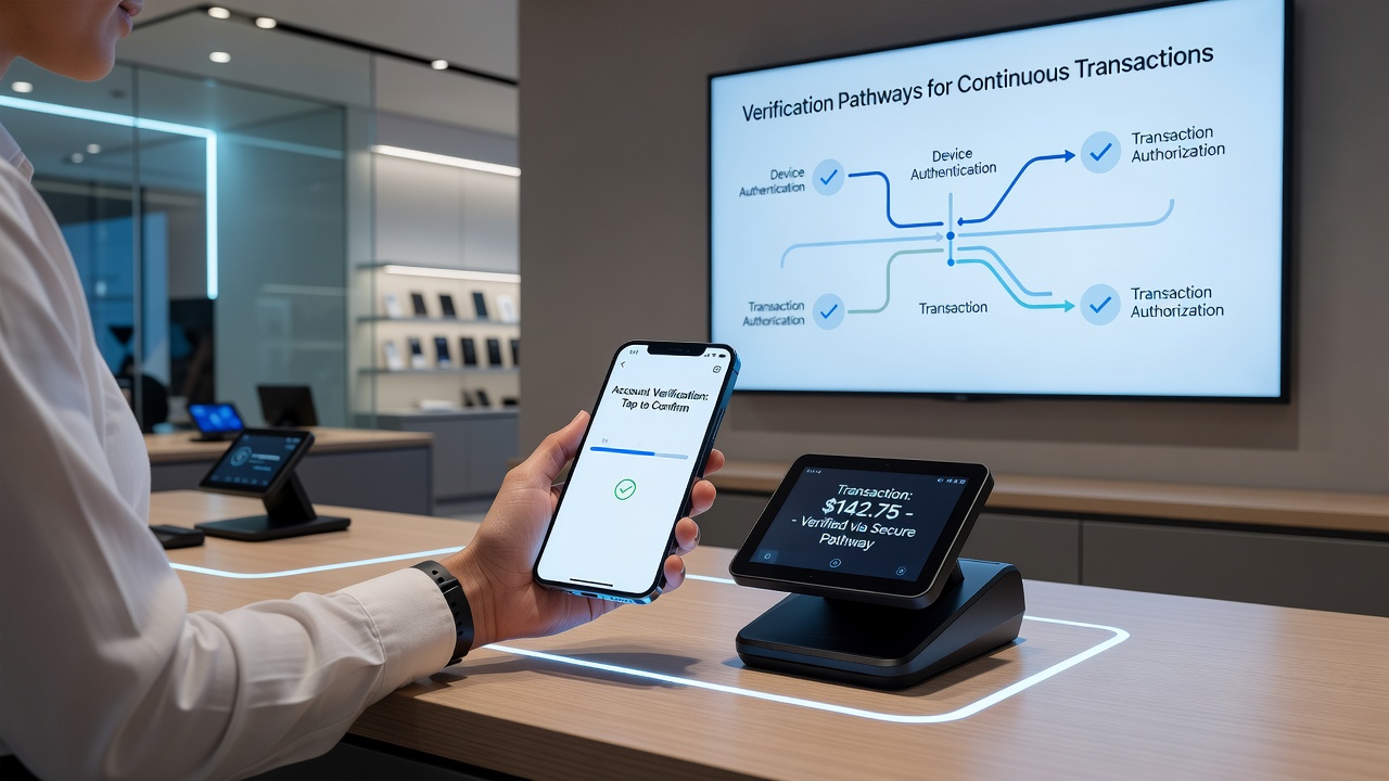 Diagram of account verification flow between wireless POS device and payment processor cloud