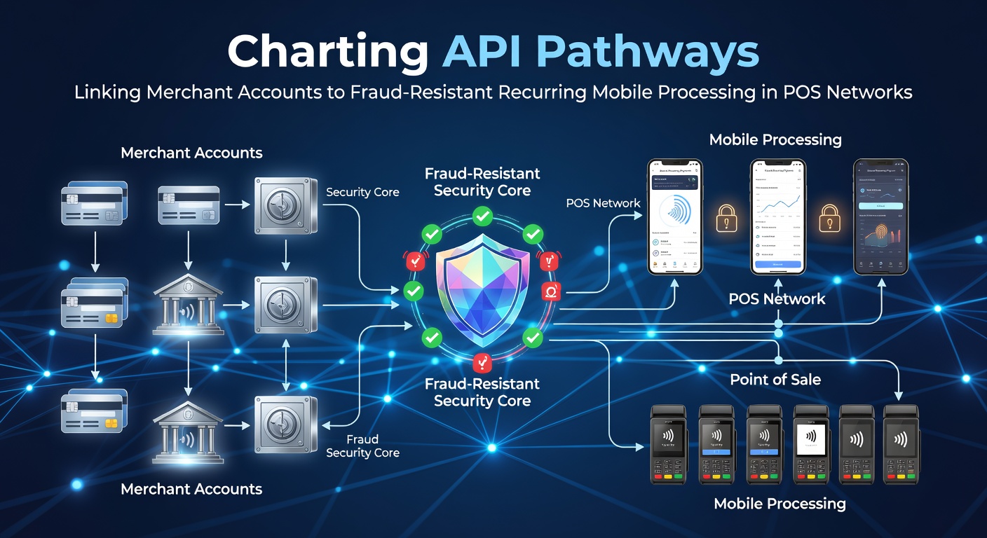 Diagram showing API connections between merchant accounts, mobile devices, and POS terminals for secure recurring processing