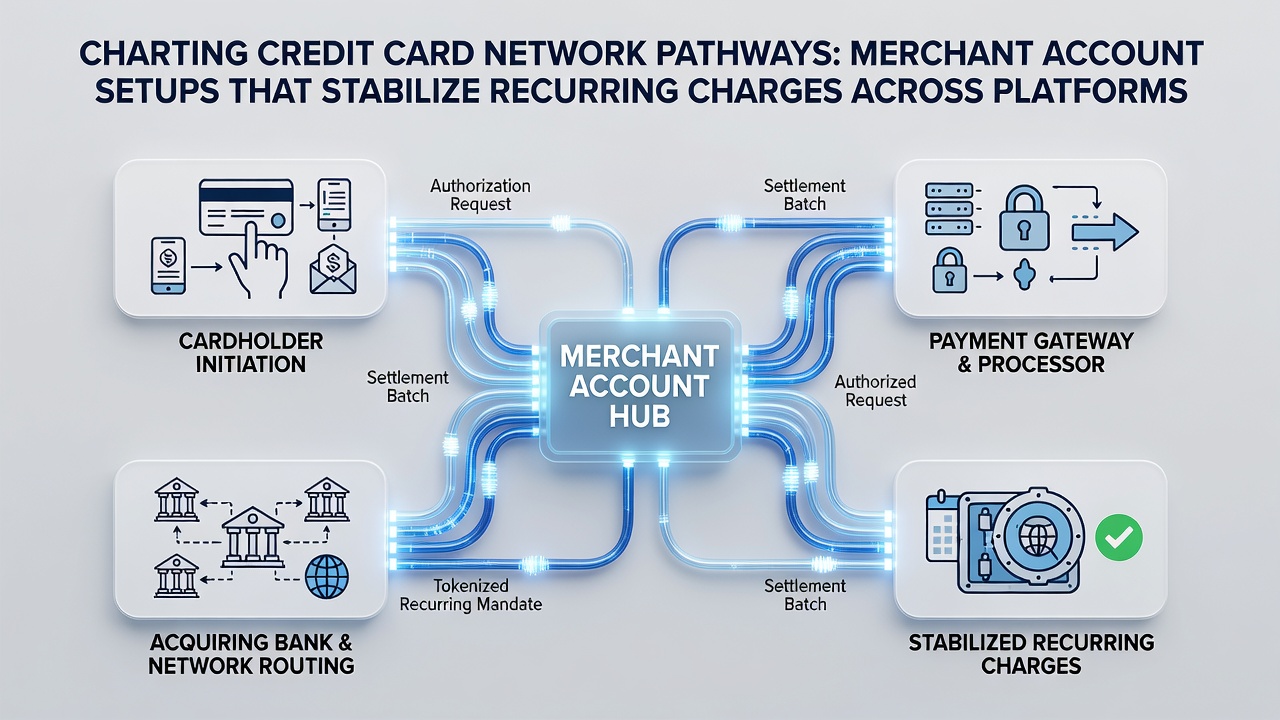 Flowchart showing authorization sequences linking mobile POS devices and online gateways through shared merchant account routing tables