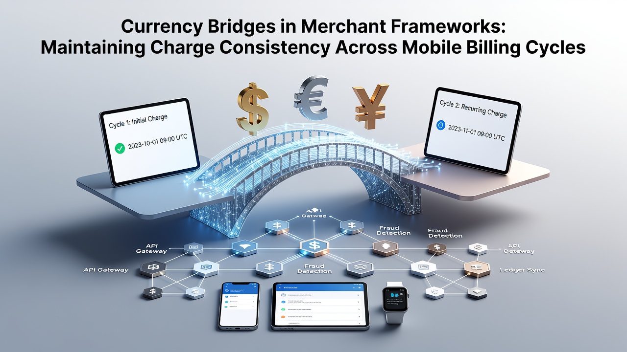 Merchant framework diagram showing currency bridge connections between mobile devices and billing systems