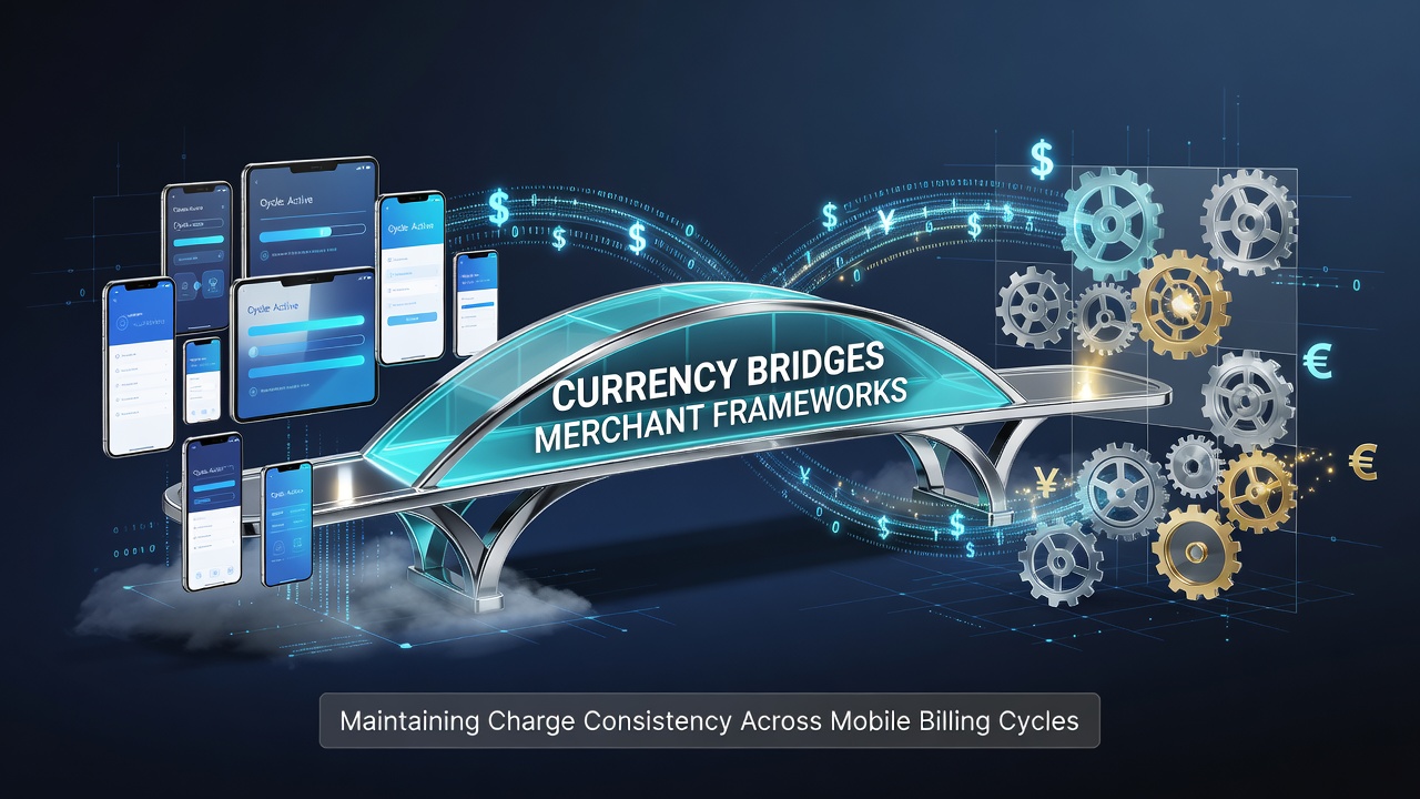 Flowchart of currency bridge process linking merchant accounts to recurring mobile charges