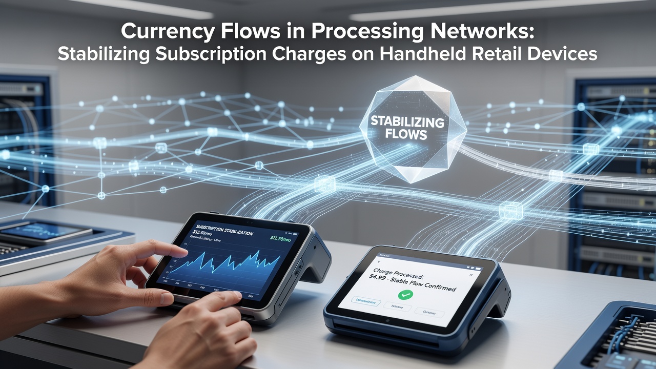 Diagram showing currency flow pathways through processing networks that stabilize subscription charges on handheld retail devices