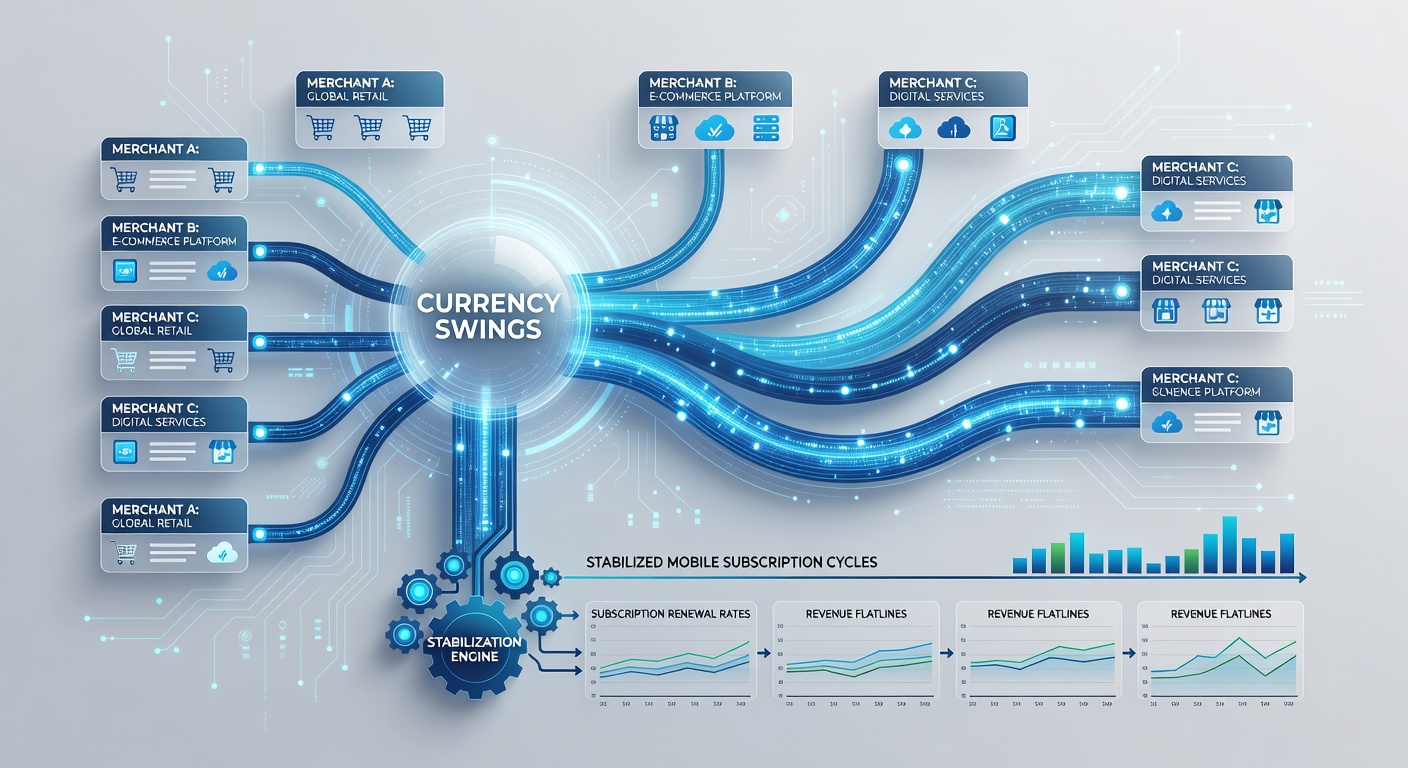 Flow diagram illustrating currency routing from mobile transactions through merchant profiles to stabilized subscription cycles