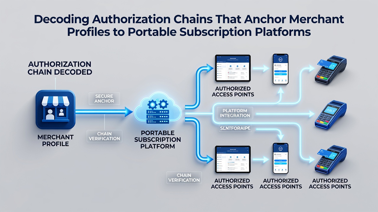 Flowchart illustrating portable device authorization linking to cloud-based merchant subscription systems