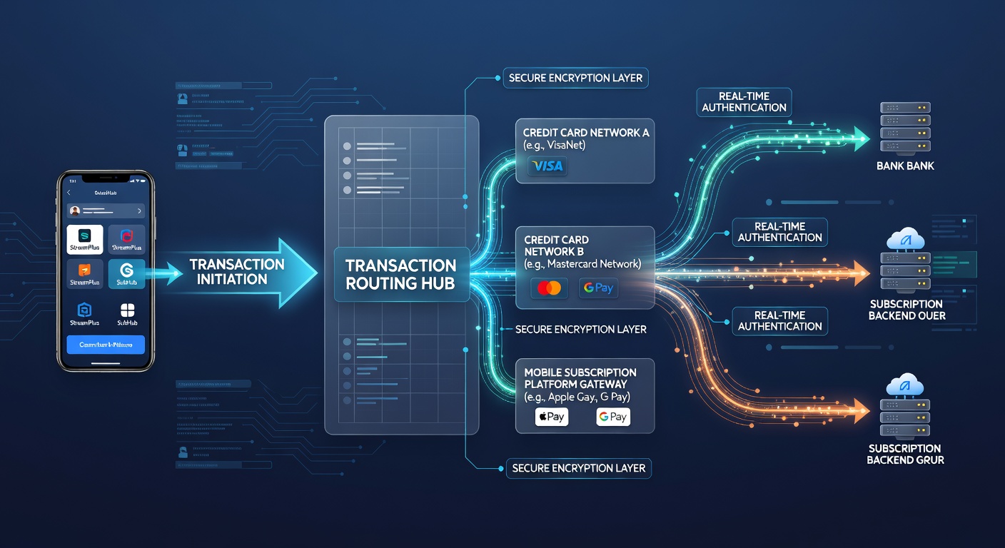 Flowchart showing integration points between mobile subscription billing cycles and credit card authorization paths