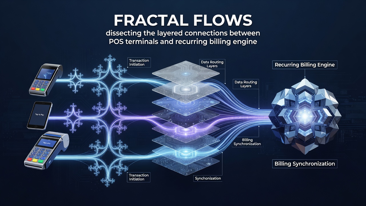 Flowchart illustrating data exchange between POS devices, merchant accounts, and recurring billing systems