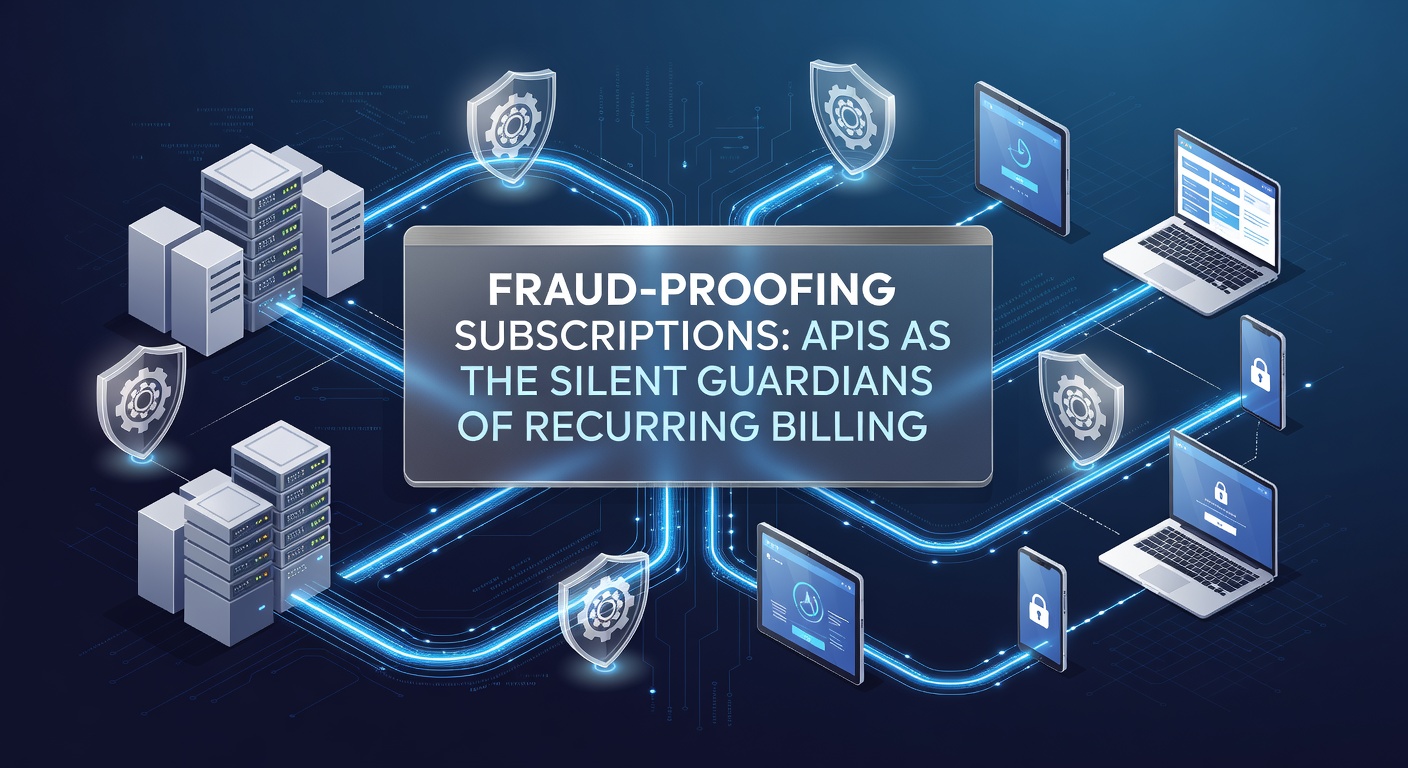 Digital shield icon representing API-driven fraud protection in subscription models, with locks and data streams illustrating secure recurring payments