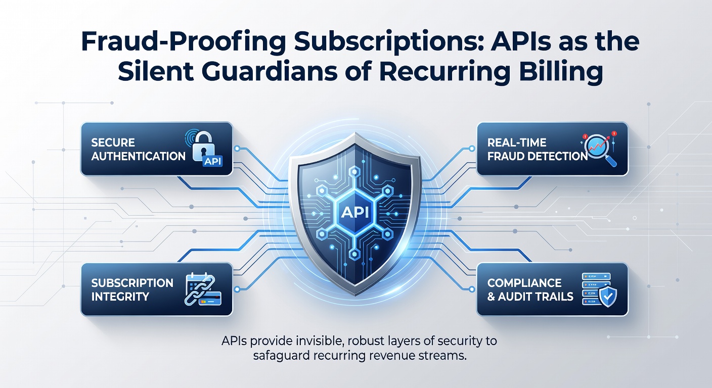 Network diagram showing interconnected APIs securing a subscription billing cycle, with arrows depicting data flow from user authentication to fraud alerts