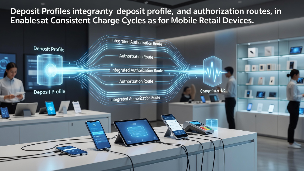 Mobile retail device displaying deposit profile interface connected to authorization network