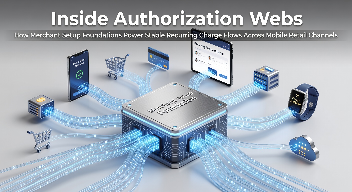 Diagram showing merchant account setup connected to authorization networks and recurring mobile payment flows