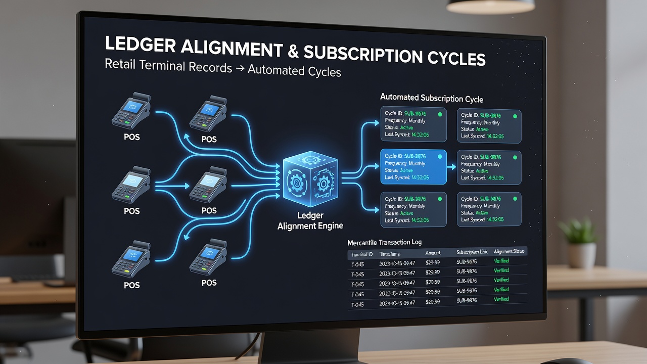 Ledger alignment workflow connecting in-store terminal records to automated subscription cycles