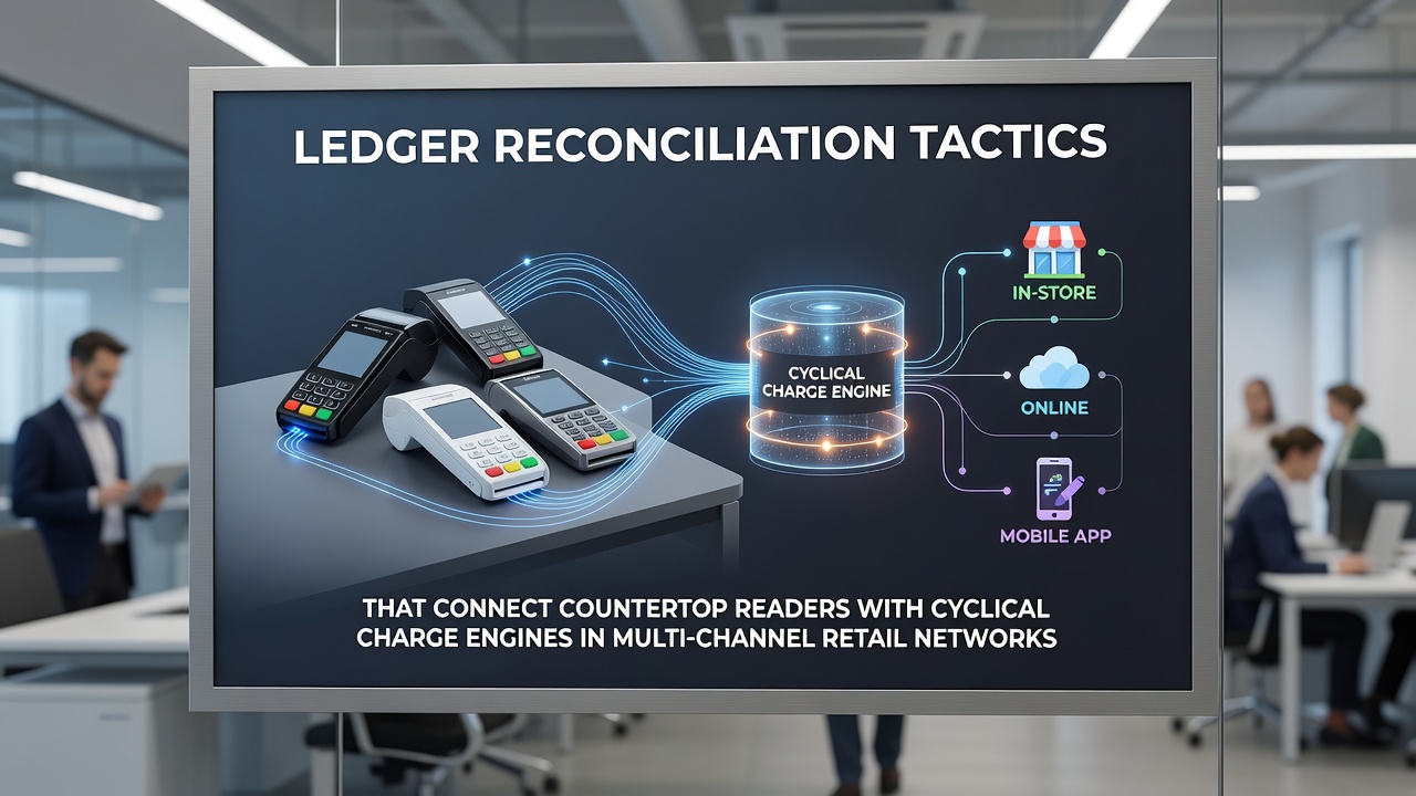 Countertop payment reader connected to retail network dashboard showing transaction data flow