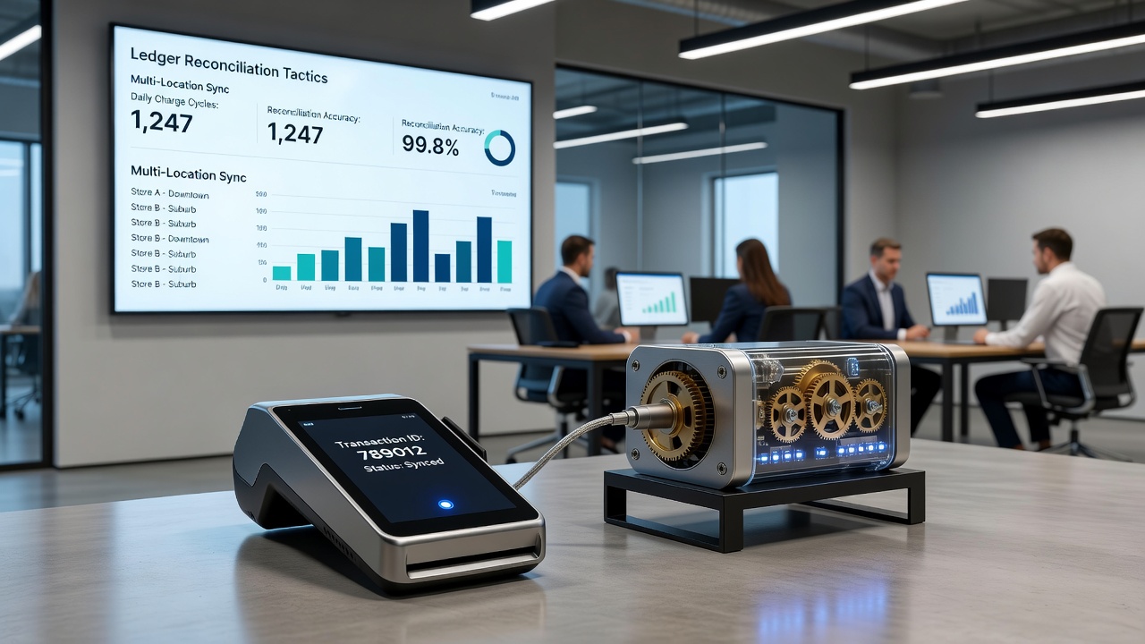Retail ledger dashboard displaying reconciled transactions between store terminals and subscription billing cycles