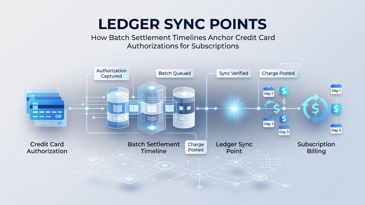 Flow diagram showing how batch settlement timelines support ongoing subscription authorizations through ledger sync points