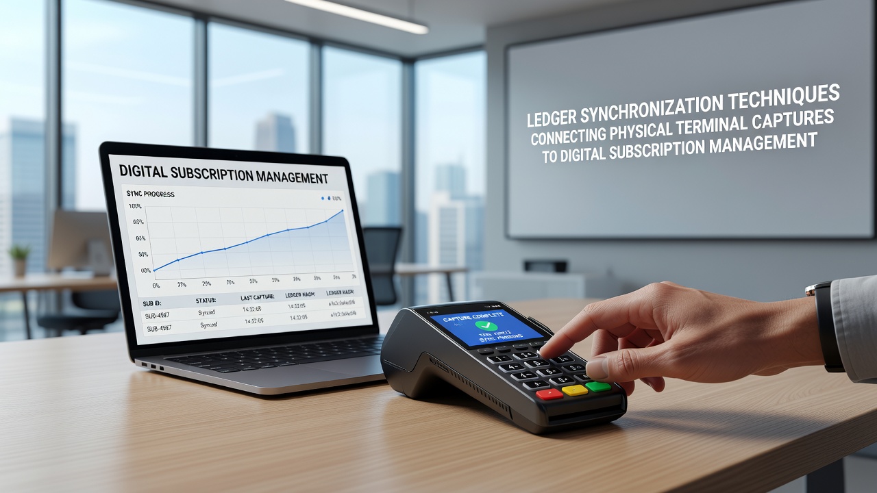 Digital dashboard showing synchronized ledgers between physical terminals and subscription management systems