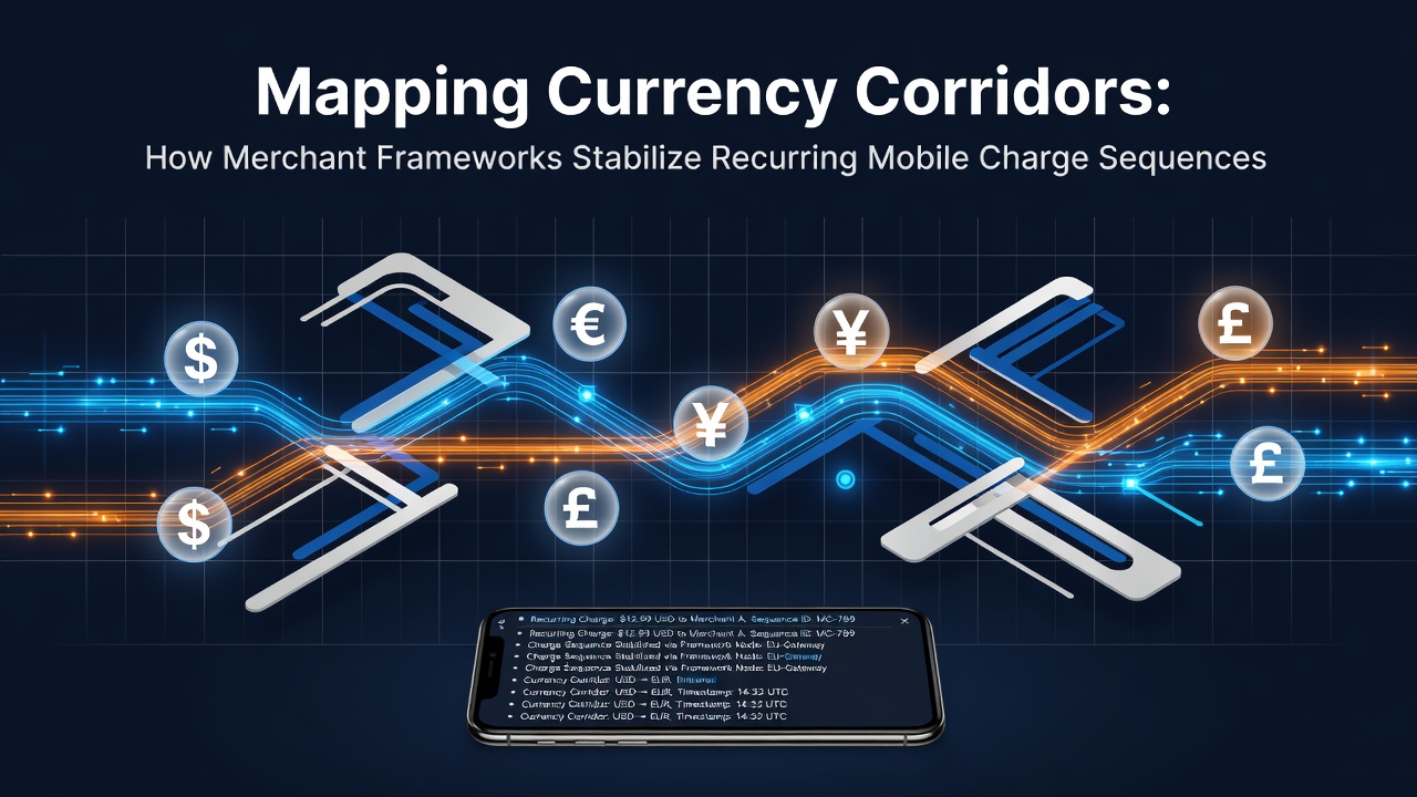 Diagram showing currency corridors connecting merchant accounts to mobile recurring billing systems across borders