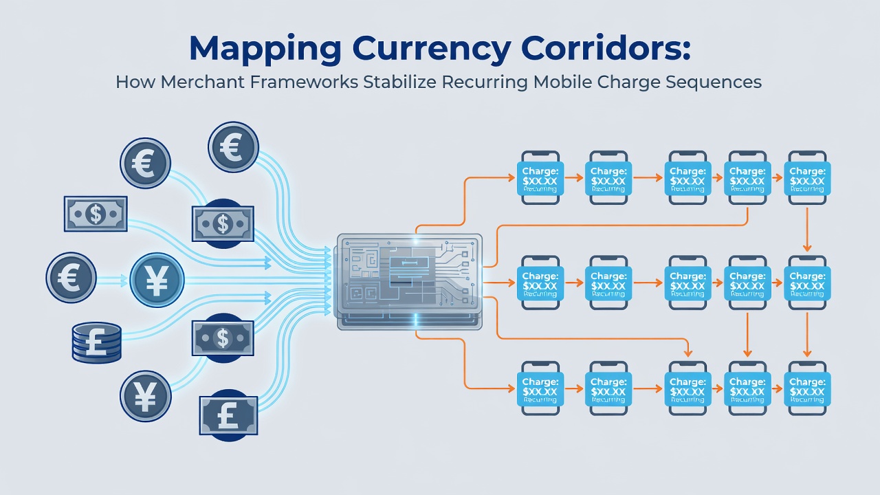 Flowchart illustrating merchant framework components managing recurring mobile payments through currency corridors