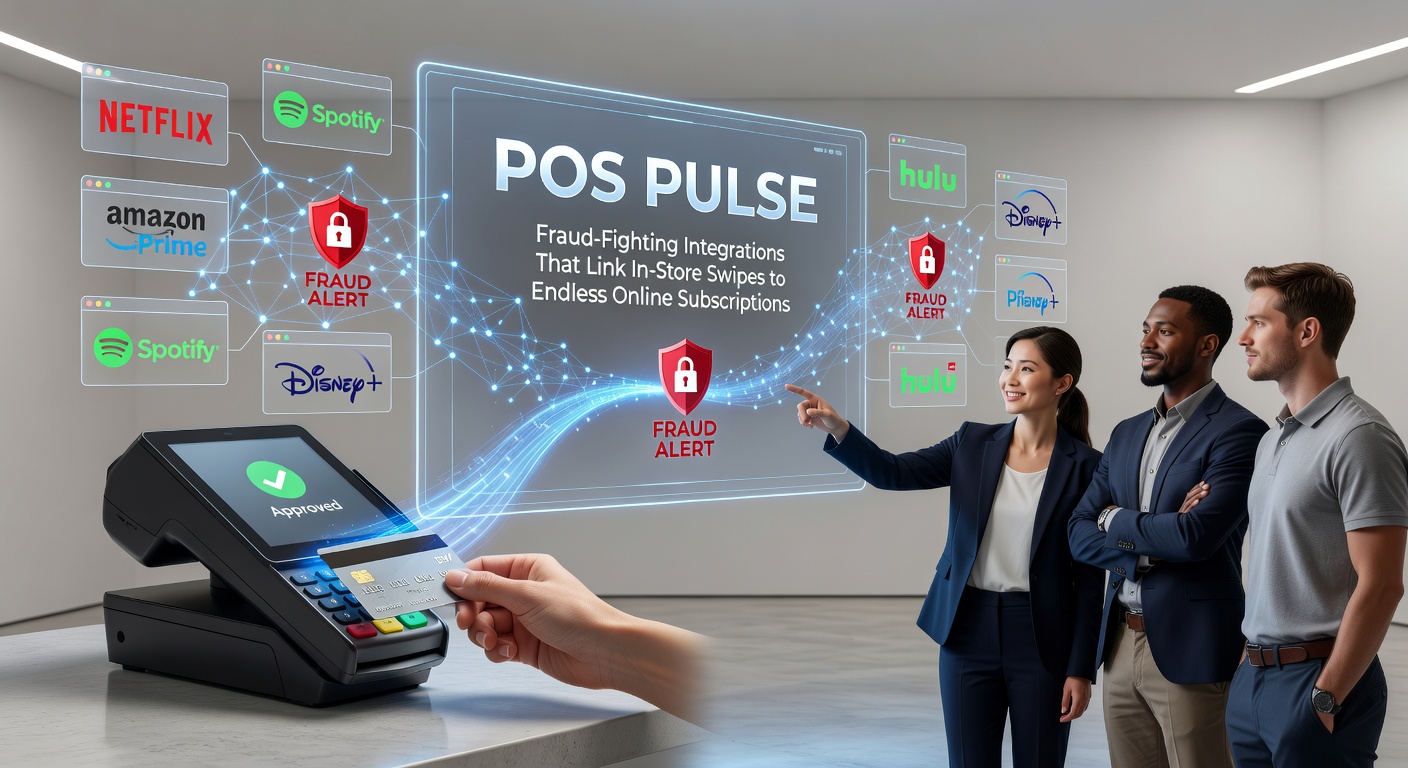 Illustration of a point-of-sale terminal connecting to digital subscription streams, highlighting fraud detection networks