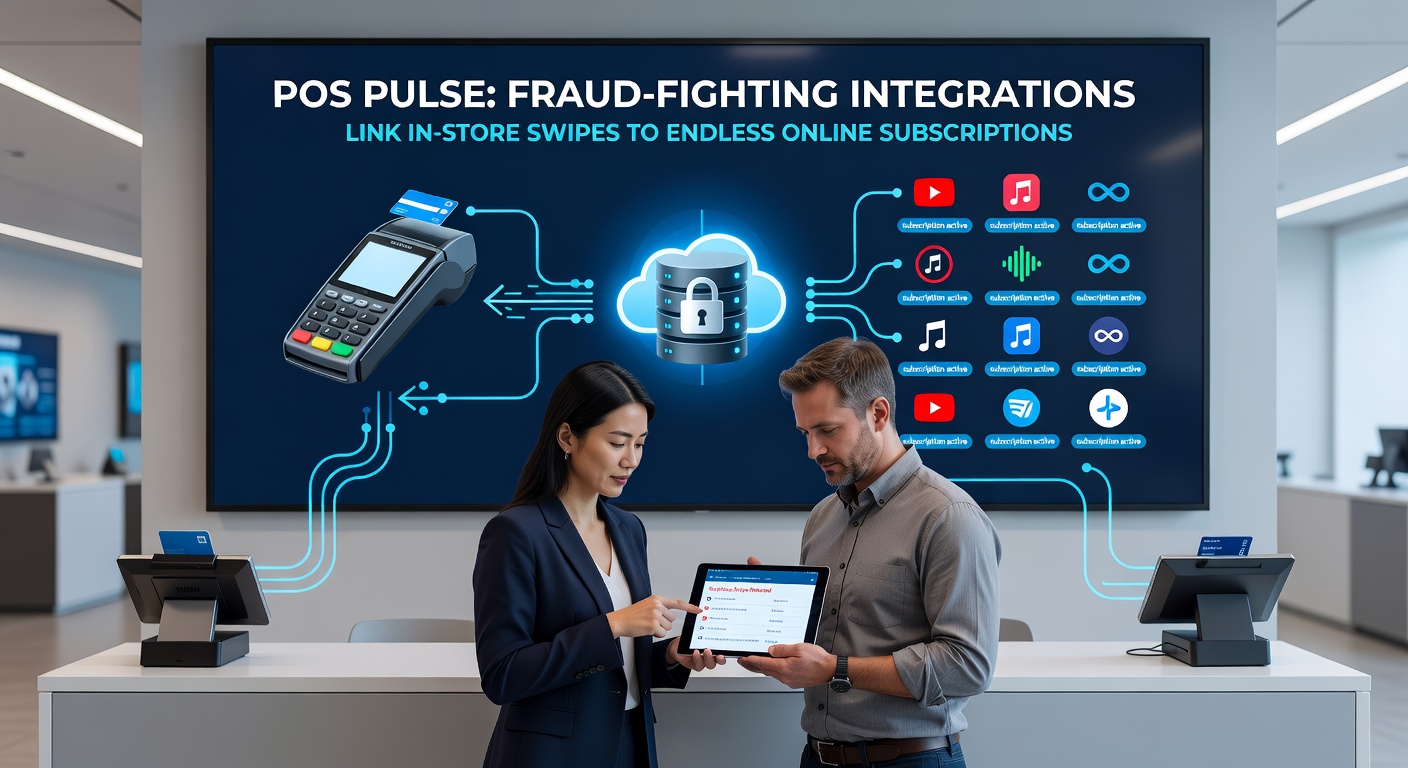 Diagram showing data flow from POS swipe to online subscription verification, with fraud alerts pulsing across the network
