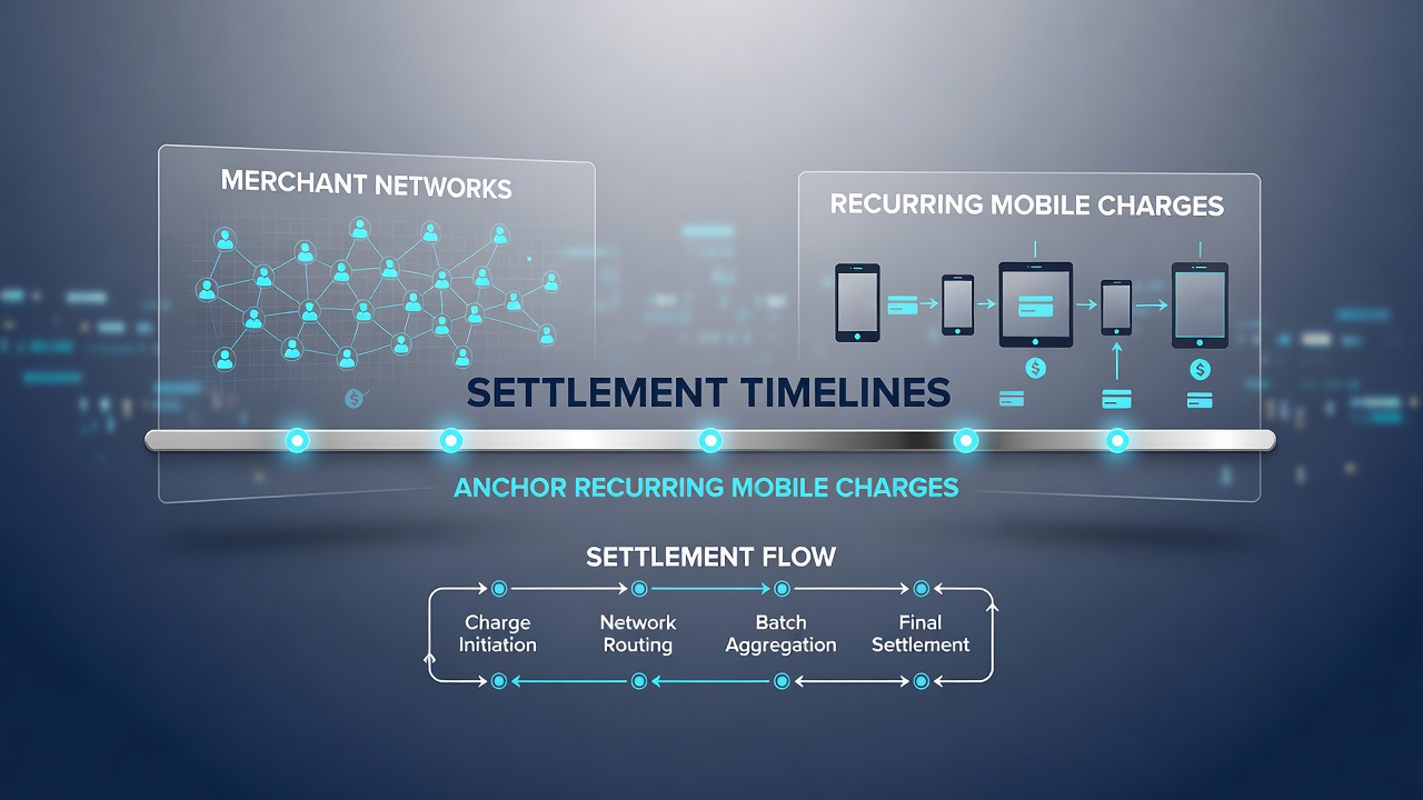 Flowchart illustrating how settlement timelines connect mobile devices to merchant account settlements for recurring charges