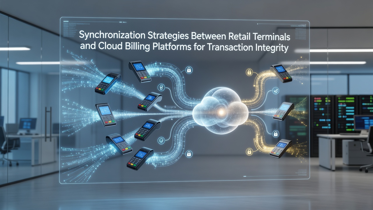 Retail terminals connected to cloud billing systems showing synchronized transaction data flows