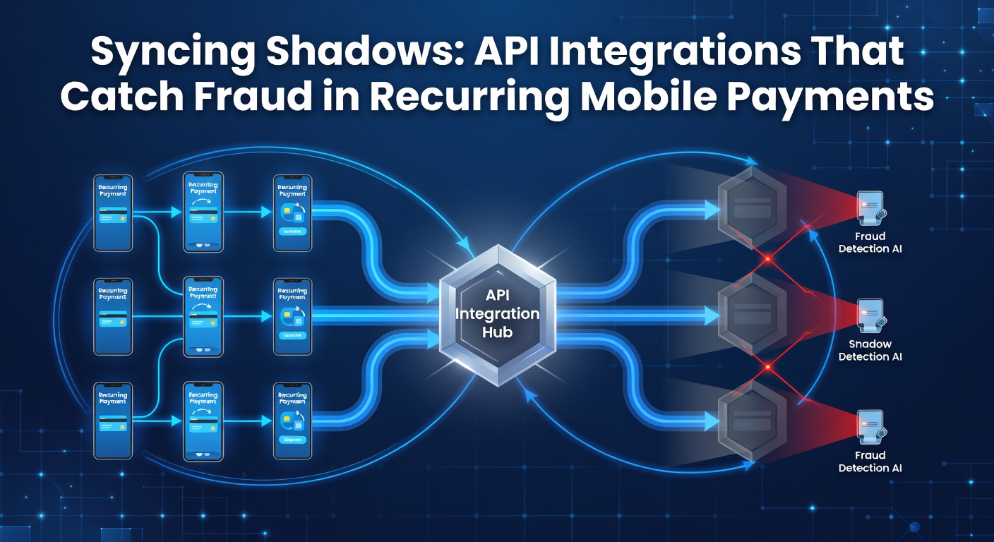Illustration of interconnected API networks detecting fraudulent shadows in mobile payment flows