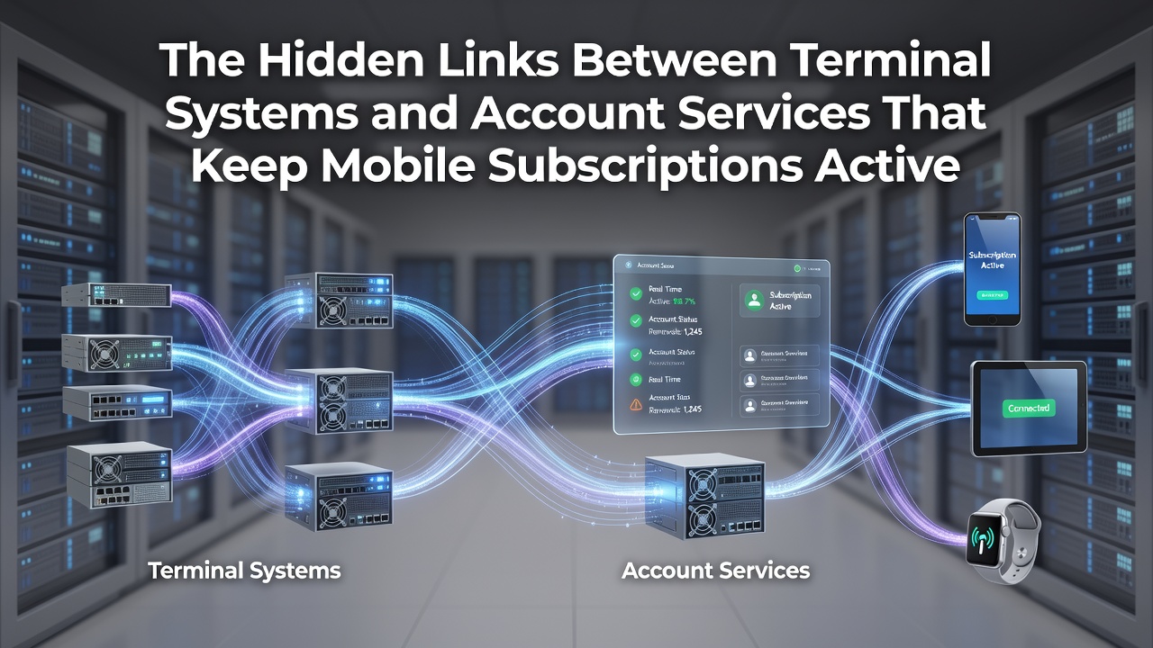 Diagram showing connections between mobile terminal systems and account services for subscription management