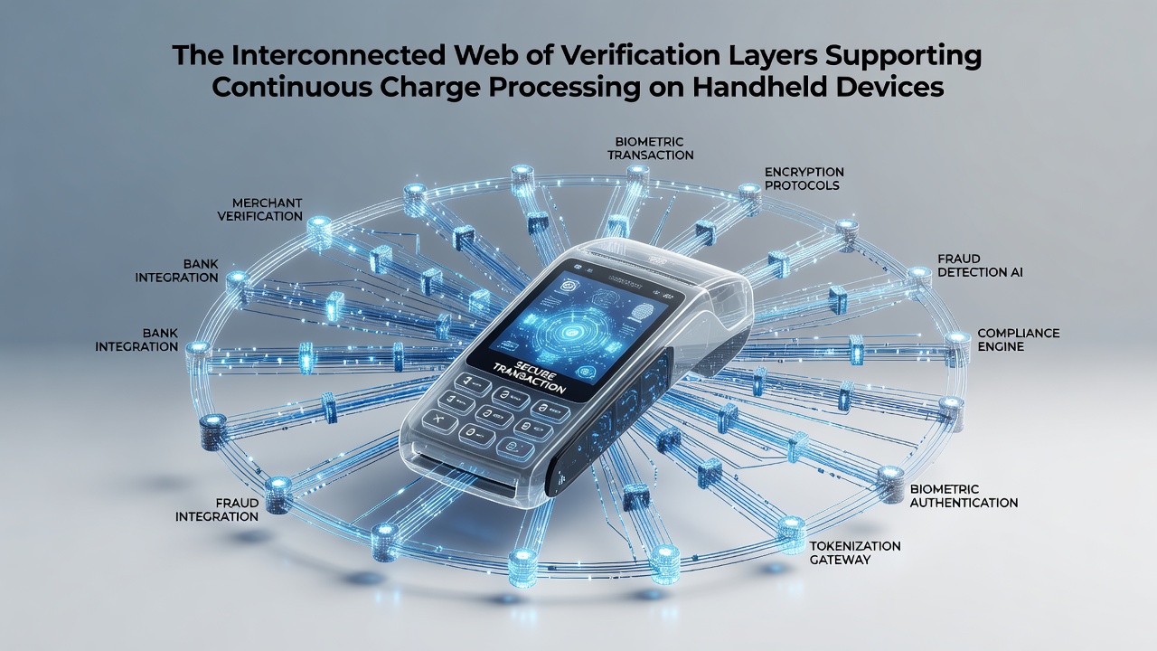 Diagram showing layered verification systems connecting handheld devices to cloud-based payment processors