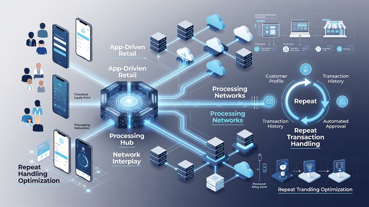 Illustration of mobile app interfaces connected to backend processing networks for subscription renewals