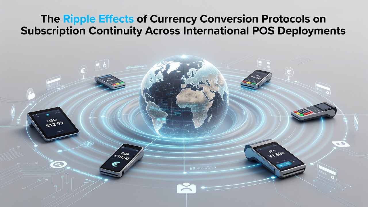 Global POS terminals processing international transactions with currency conversion overlays showing subscription renewal paths