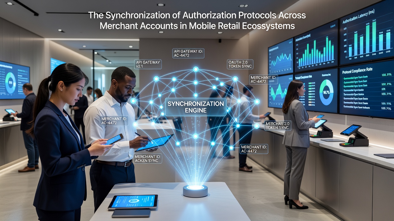 Flowchart illustrating real-time protocol synchronization between merchant accounts during a mobile retail transaction sequence