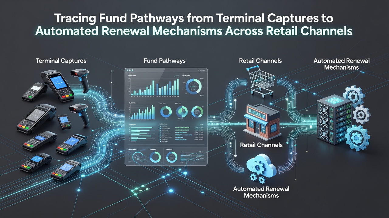 Diagram illustrating fund movement from retail terminals through authorization networks to automated renewal systems