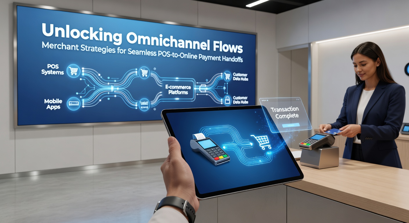 Illustration of a customer transitioning from in-store POS terminal to online checkout on a mobile device, symbolizing smooth omnichannel payment flow
