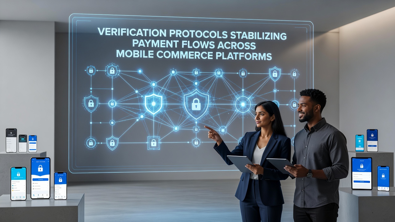 Mobile commerce transaction verification interface displaying layered security protocols on a smartphone screen